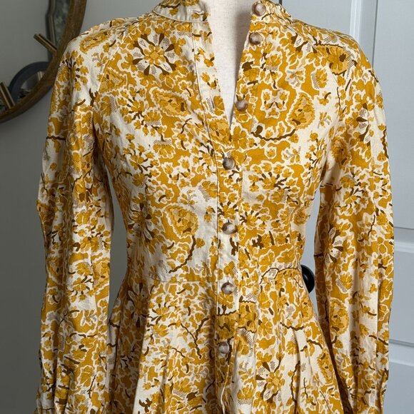 Sézane Caprice Dress Alcazar Yellow Floral Print Size 34 Linen Cotton - Picture 3 of 5
